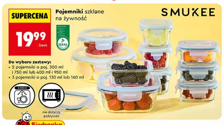 Pojemniki szklane na żywność Smukee 2-pak 400 ml i 950 ml promocja w Biedronka