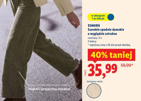 Szerokie spodnie damskie o wygładzie sztruksu promocja w Lidl