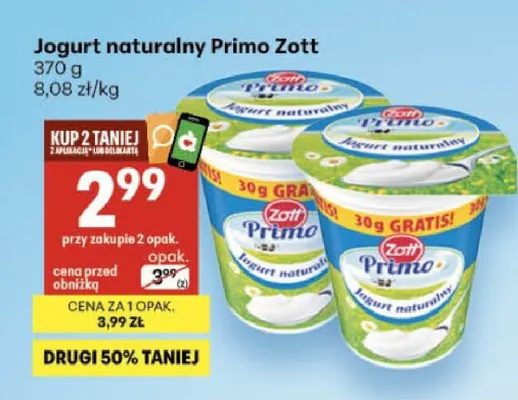 Jogurt naturalny Primo Zott promocja w Delikatesy Centrum