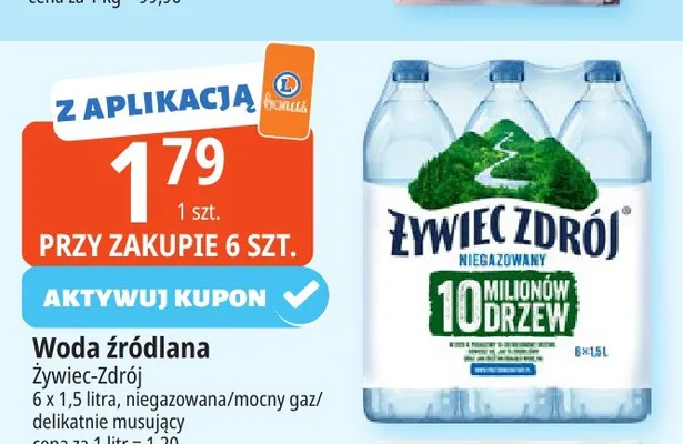 Woda źródlana gazowana mocny gaz Żywiec Zdrój promocja w Leclerc