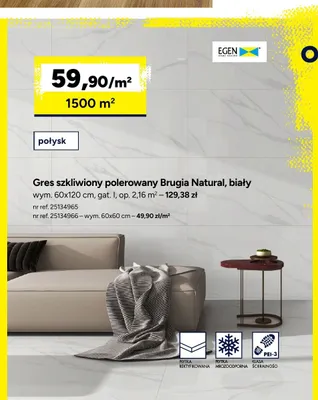 Gres szkliwiony polerowany Egen Brugia Natural biały 60x120 cm promocja w Bricoman