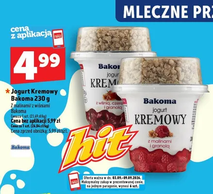 Jogurt kremowy z wiśniami Bakoma promocja w TOPAZ