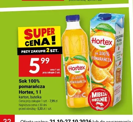 Sok 100% pomarańcza Hortex karton promocja w Twój Market