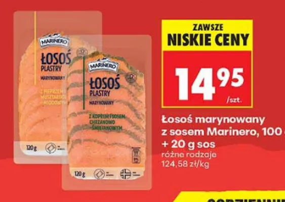Łosoś plastry marynowany z pieprzem i musztardą miodową Marinero promocja w Biedronka