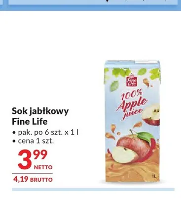 Sok jabłkowy Fine Life 100% promocja w Makro