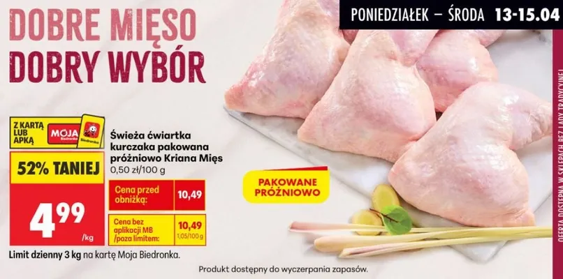 Świeża ćwiartka kurczaka pakowana próżniowo Kraina Mięs promocja w Biedronka