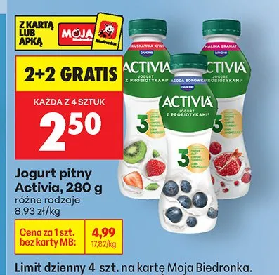 Jogurt pitny Activia, różne rodzaje 2+2 GRATIS promocja w Biedronka