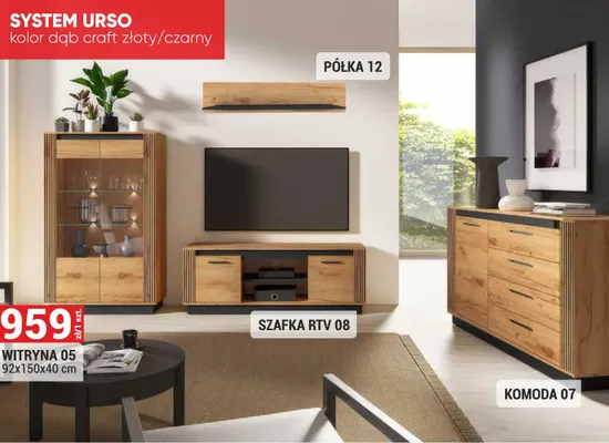 Witryna 05 System Urso kolor dąb craft złoty/czarny 92x150x40cm promocja w Merkury Market
