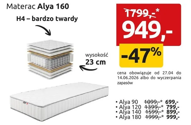Materac Alya 160 H4 bardzo twardy wysokość 23cm promocja w Black Red White