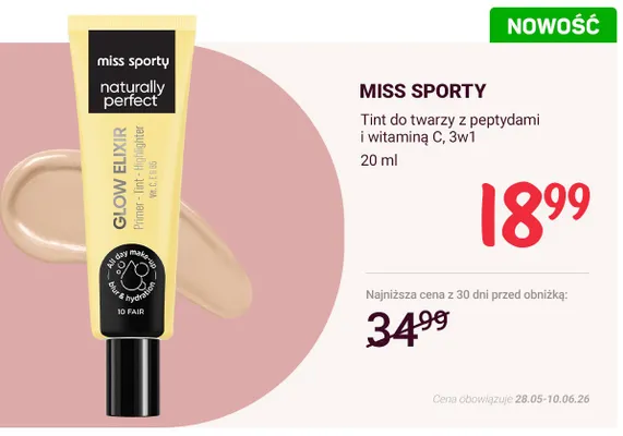 Tint do twarzy z peptydami i witaminą C 3w1 MISS SPORTY promocja w Rossmann