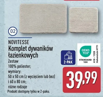 Komplet dywaników łazienkowych Novitesse 50x50cm i 60x80cm promocja w Aldi