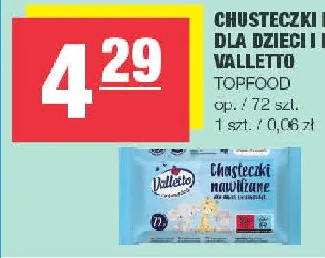 Chusteczki nawilżane dla dzieci i niemowląt Valletto promocja w SPAR