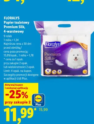 Papier toaletowy 4-warstwowy Floralys Premium Silk 9-pak promocja w Lidl
