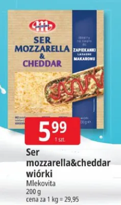 Ser mozzarella&cheddar wiórki Mlekovita promocja w Leclerc