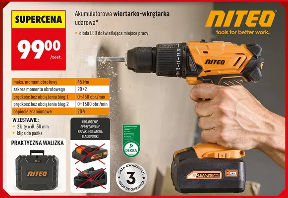 Wiertarko-wkrętarka akumulatorowa udarowa Niteo promocja w Biedronka