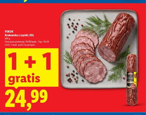 Kiełbasa krakowska z szynki XXL Pikok promocja w Lidl