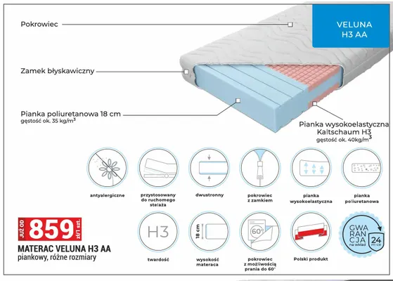 Materac Veluna H3 AA piankowy promocja w Merkury Market