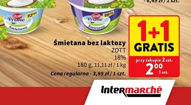 Śmietana bez laktozy Zott Primo 18% promocja w Intermarche