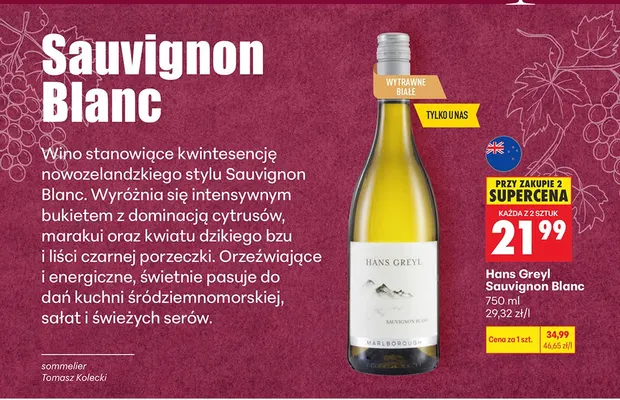 Wino białe Hans Greyl Sauvignon Blanc promocja w Biedronka