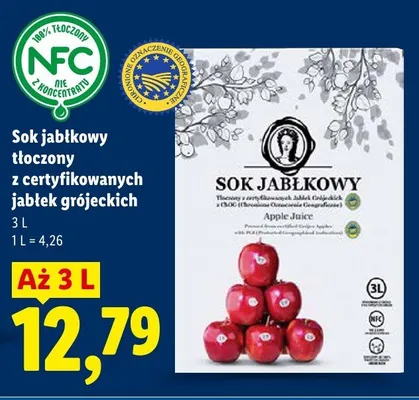Sok jabłkowy tłoczony z certyfikowanych jabłek grójeckich promocja w Lidl