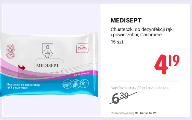 Chusteczki do dezynfekcji rąk i powierzchni Cashmere Medisept promocja w Rossmann