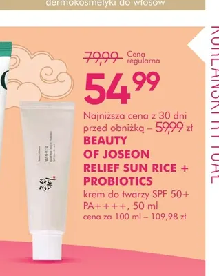 Krem do twarzy SPF 50+ PA++++ Beauty of Joseon Relief Sun Rice + Probiotics promocja w Super-Pharm