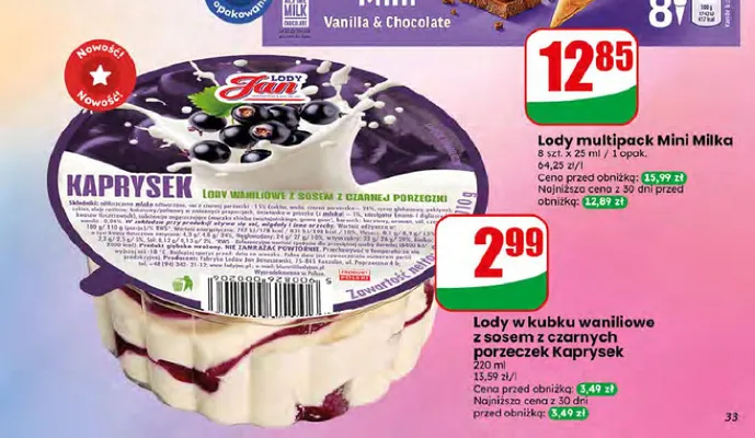 Lody w kubku waniliowe z sosem z czarnej porzeczki Kaprysek promocja w Dino