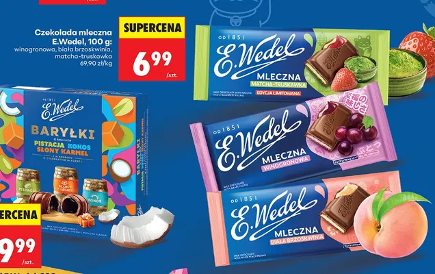 Czekolada mleczna winogronowa, biała brzoskwinia, matcha-truskawka promocja w Biedronka