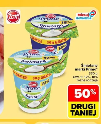 Śmietana 12% Zott Primo promocja w Carrefour