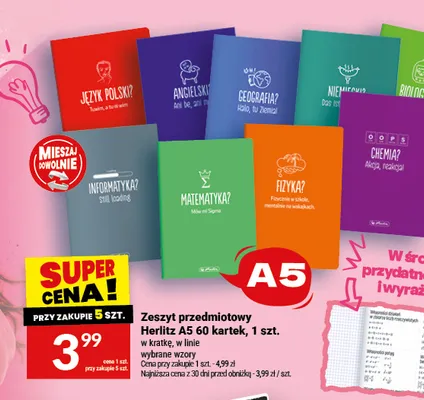 Zeszyt przedmiotowy Herlitz A5 60 kartek promocja w Twój Market