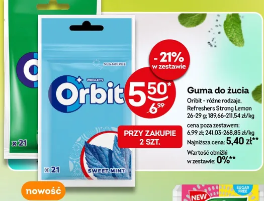 Guma do żucia Orbit różne rodzaje, Refreshers Strong Lemon promocja w Żabka