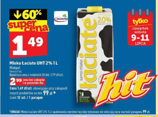 Mleko Łaciate UHT 2% 1 l promocja w TOPAZ