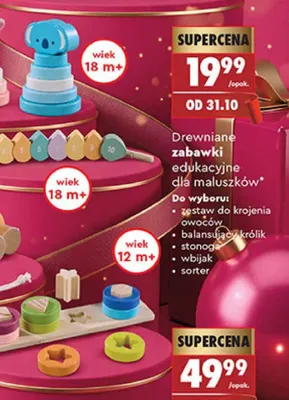 Drewniane zabawki edukacyjne dla maluszków wbijak Elefun promocja w Biedronka