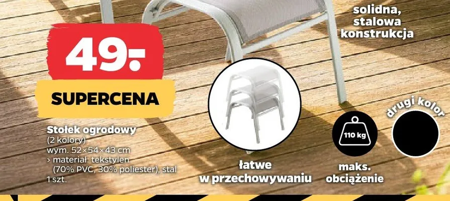 Stołek ogrodowy wym. 52x54x43cm materiał: tekstylen (70% PVC, 30% poliester), stal maks. obciążenie 110kg promocja w Netto