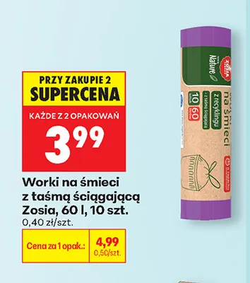 Worki na śmieci z taśmą ściągającą Zosia 60 l 10 szt. promocja w Biedronka