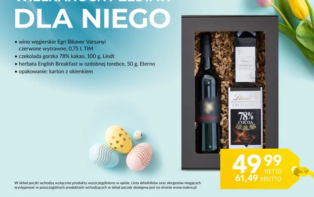 Wielkanocny Zestaw DLA NIEGO - wino węgierskie Egri Bikaver Varsanyi czerwone wytrawne 0,75 l, czekolada gorzka 78% kakao 100 g Lindt, herbata English Breakfast w ozdobnej torebce 50 g Eterno promocja w Makro