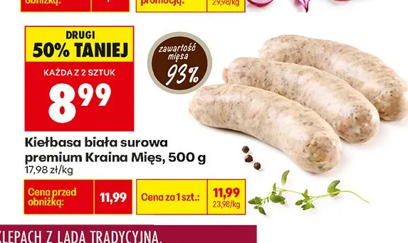 Kiełbasa biała surowa premium Kraina Mięs promocja w Biedronka