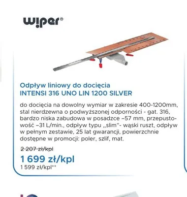 Odpływ liniowy do docięcia Wiper INTENSI 316 UNO LIN 1200 SILVER promocja w Blu Salony Łazienek