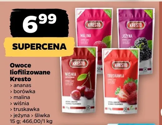 Owoce liofilizowane Kresto (ananas, borówka, malina, wiśnia, truskawka, jeżyna, śliwka) promocja w Netto