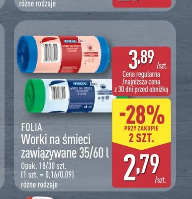 Worki na śmieci zawiązywane Folia 60 l promocja w Aldi