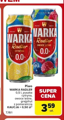 Piwo bezalkoholowe Warka Radler Owoce Leśne promocja w Carrefour Market