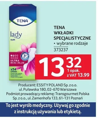 Wkładki Tena Lady higieniczne promocja w Selgros