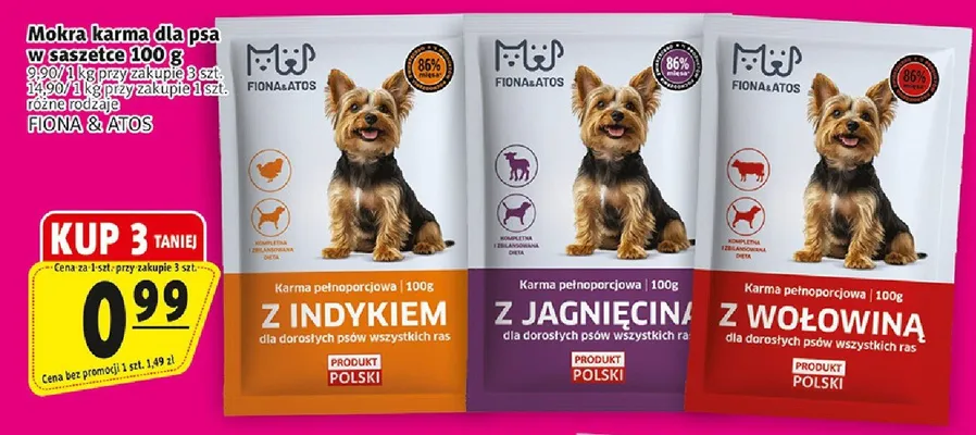 Mokra karma dla psa w saszetce z indykiem FIONA & ATOS promocja w Prim Market