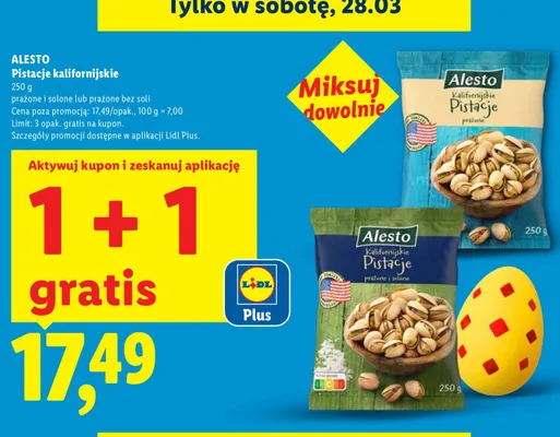 Pistacje kalifornijskie prażone i solone lub prażone bez soli 1+1 GRATIS promocja w Lidl