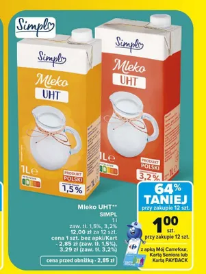 Mleko UHT Simpl 3,2% promocja w Carrefour Market