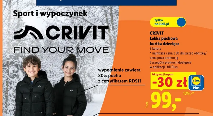 Lekka puchowa kurtka dziecięca Crivit promocja w Lidl