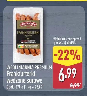 Frankfurterki wędzone surowe Wędliniarnia Premium promocja w Aldi