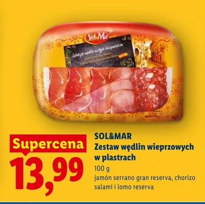 Zestaw wędlin wieprzowych w plastrach jamón serrano gran reserva, chorizo salami i lomo reserva promocja w Lidl