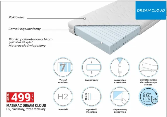 Materac dream cloud H2, piankowy, różne rozmiary promocja w Merkury Market