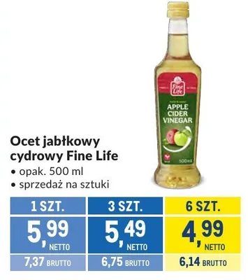 Ocet jabłkowy cydry Fine Life promocja w Makro